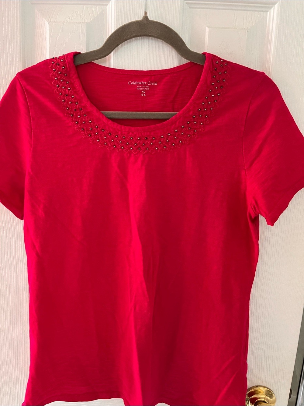 XS Coldwater Creek Bright Red Short-Sleeve Tee with Bead Embellished Scoop Neck